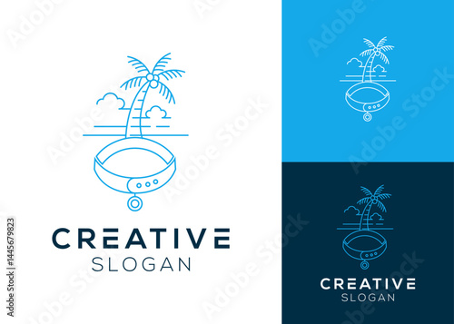 Abstract line dog collar with palm tree and coast logo design for petshop and vet