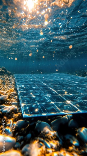 Underwater digital data grid visualized in a vibrant sunset seascape of crashing ocean waves and shimmering reflections showcasing the intersection of technology science