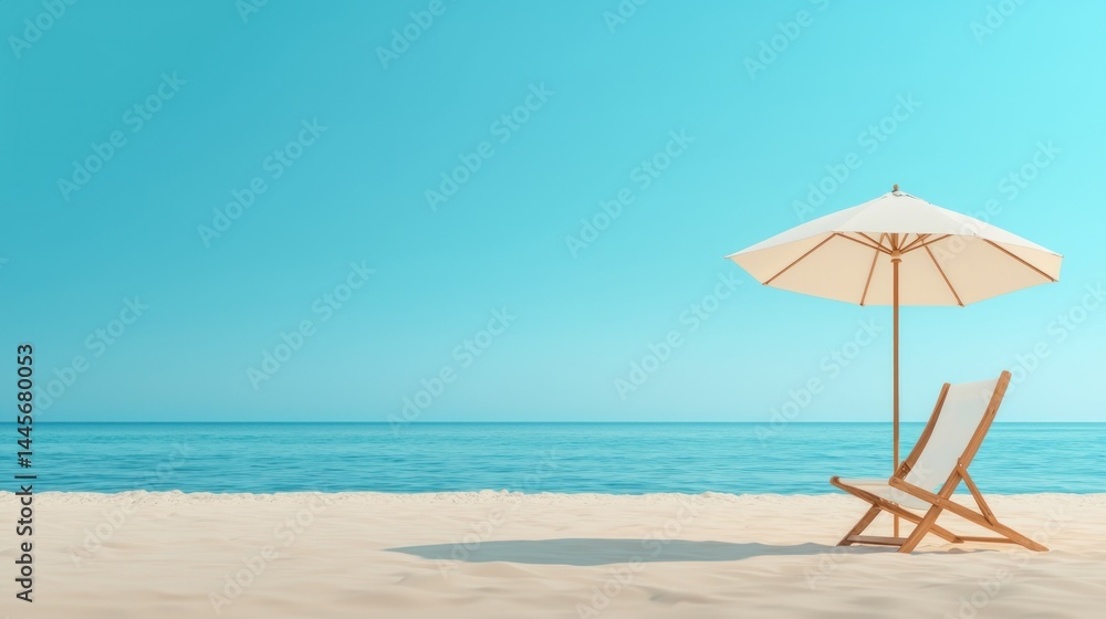 Fototapeta premium Beach scene showing a chair umbrella and ocean scenery under blue skies