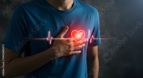 Heart Health Check Person Holding Chest with Glowing Heartbeat Line