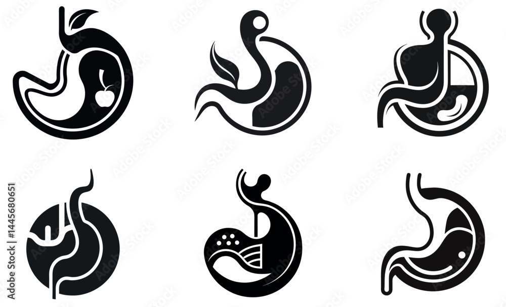 Fototapeta premium Minimalist Stomach Organ Icon Set in Black and White Vector Style
