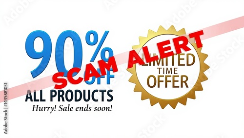Promotional graphic warning of a scam alert for a 90% discount on products.