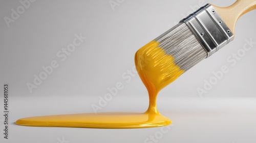 Paintbrush with Golden Yellow Paint Dripping onto Surface