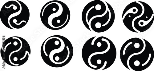 vector set of black silhouettes of white circles, Collection of eight unique yin-yang symbols with various designs in black and white, representing balance and harmony in different artistic styles.