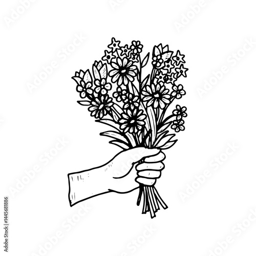 Slika na platnu Hand holding a bouquet of beautiful flowers, vector hand-drawn.