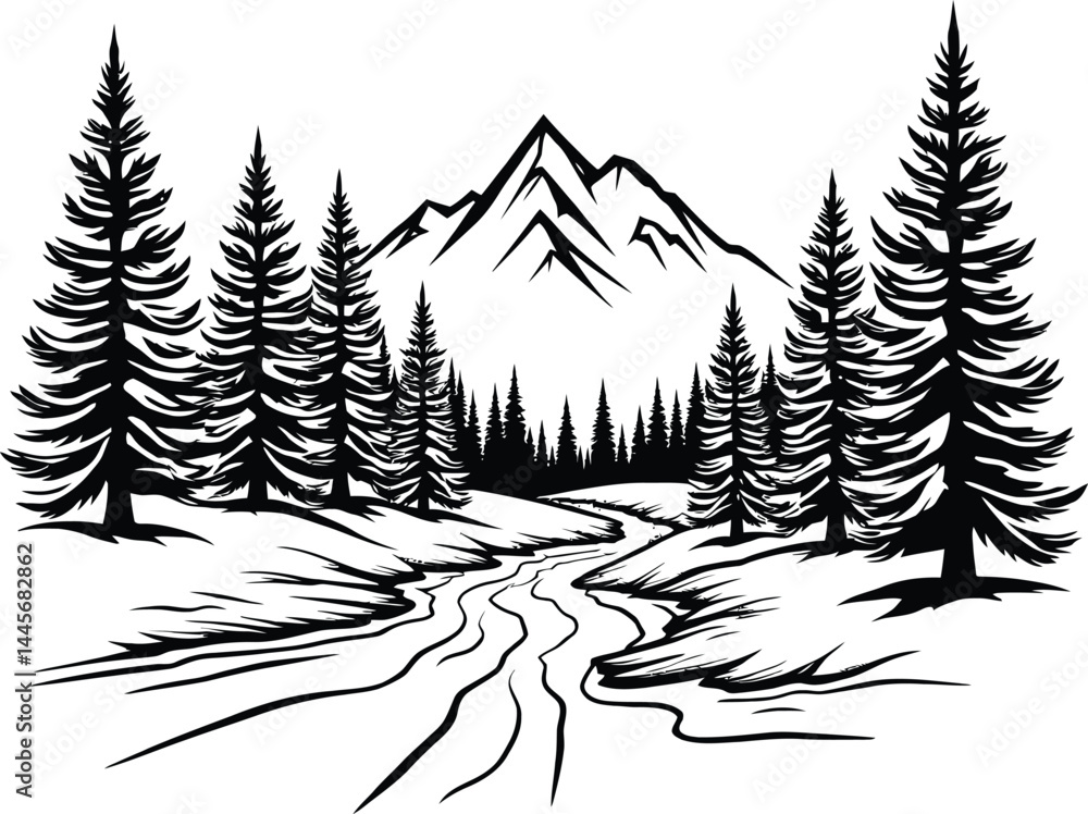 Fototapeta premium natural tree with mountain, river etc silhouette