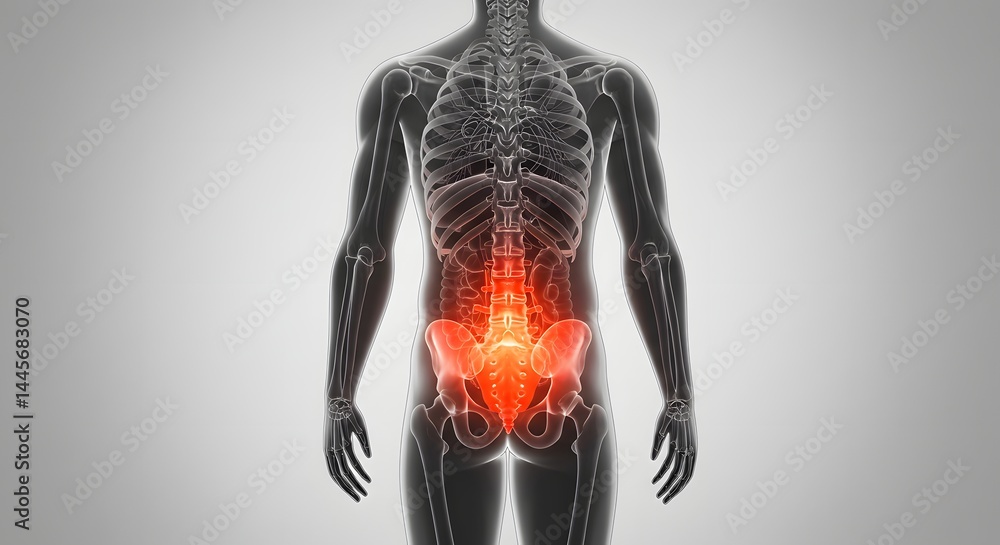 Lower Back Pain Highlighted in 3D Rendering of Male Skeleton Lower Back Pain Highlighted in 3D Rendering of Male Skeleton