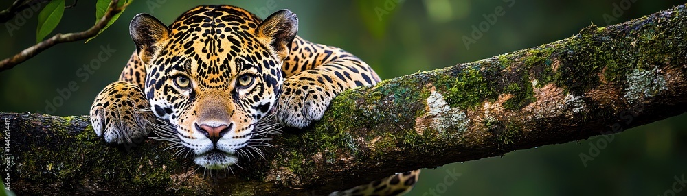 Obraz premium A beautiful jaguar rests on a moss covered tree branch