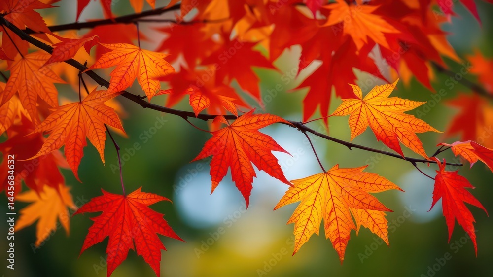 Vibrant Autumn Maple Leaves on a Branch, Displaying a Spectrum of Red and Orange Hues Vibrant Autumn Maple Leaves on a Branch, Displaying a Spectrum of Red and Orange Hues