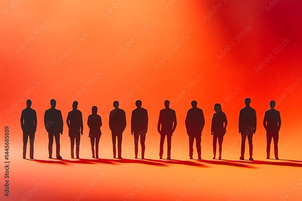 Fototapeta premium Teamwork Silhouettes Standing Side by Side on Red Background