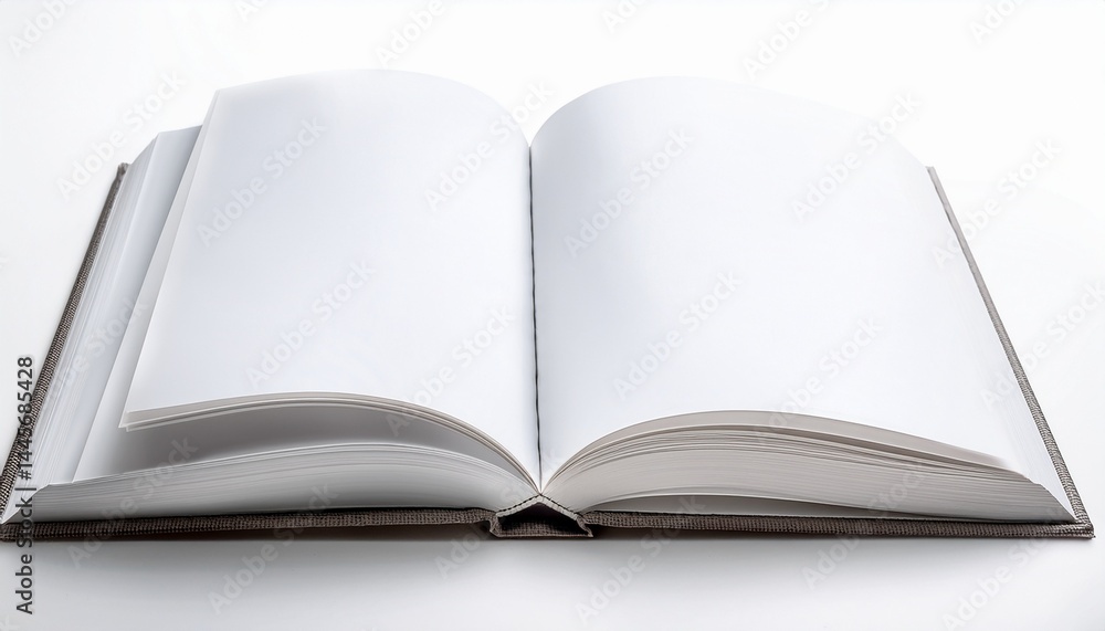 An open book with blank pages on a white background An open book with blank pages on a white background
