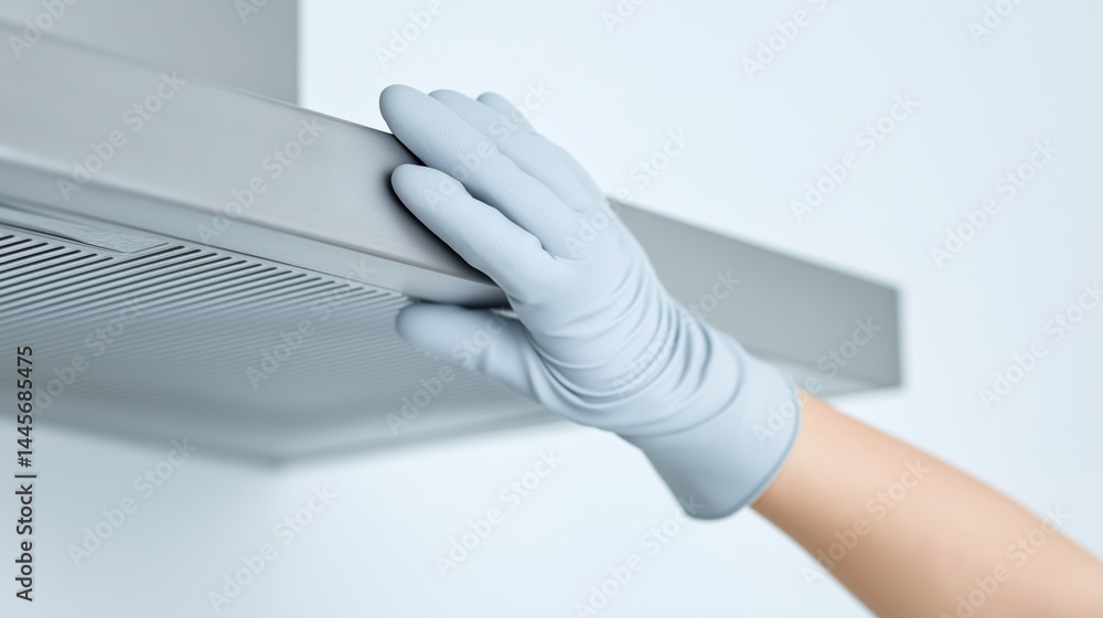 Hand wearing rubber glove cleaning kitchen hood in bright and modern kitchen environment.