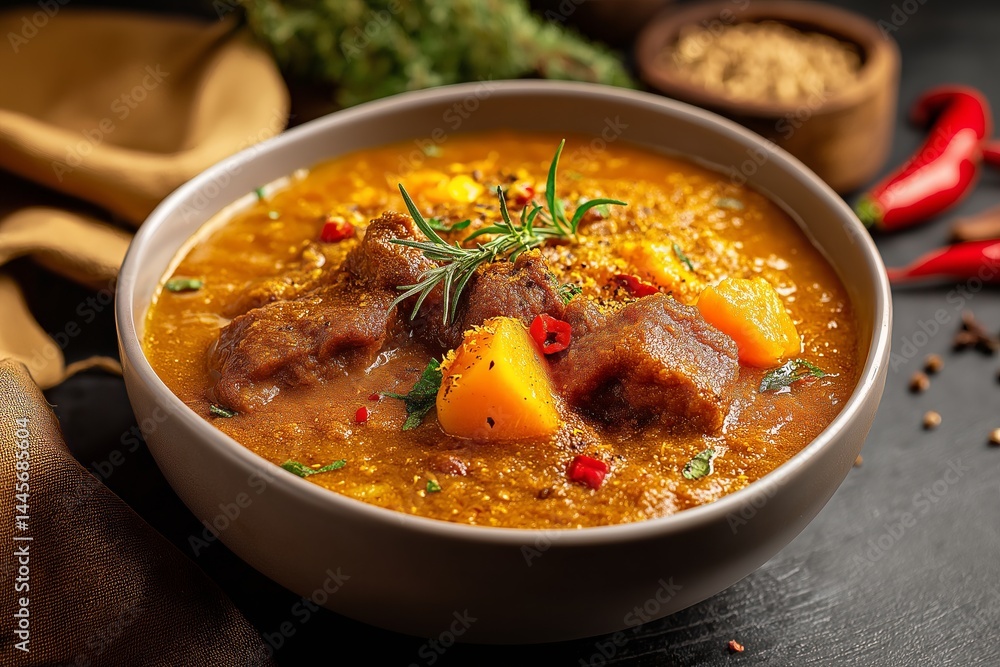 Bowl of Dhansak with lentils with meat and pumpkin, garnished with herbs. Concept of warmth and comfort, showcasing Dhansak in rustic setting with inviting ambiance. Bowl of Dhansak with lentils with meat and pumpkin, garnished with herbs. Concept of warmth and comfort, showcasing Dhansak in rustic setting with inviting ambiance.