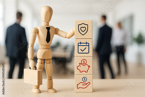 Employee benefits concept with wooden figure in office, holding briefcase, showing icons for insurance, savings, and financial support