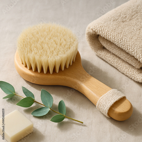 Körperbürste & Handtuch – Natürliches Stillleben für Achtsamkeit Body Brush & Towel – Natural Still Life of Mindful Care