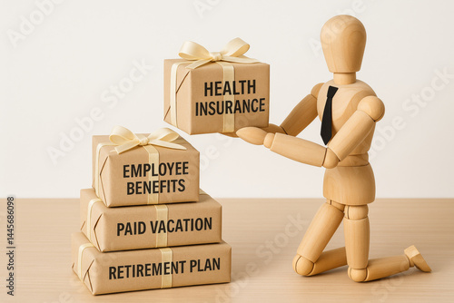 Employee benefits include health insurance paid vacation and retirement plan shown as gift boxes with wooden figure in office setting