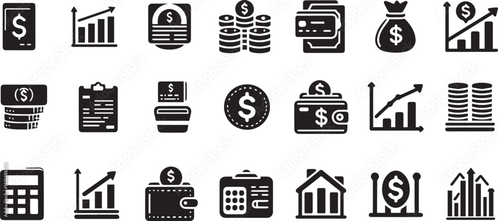Finance, money icon set. Vector glyph pictograms of cash, wallet, credit card, piggy bank, bar chart, banking, transactions, financial management black silhouette illustration Finance, money icon set. Vector glyph pictograms of cash, wallet, credit card, piggy bank, bar chart, banking, transactions, financial management black silhouette illustration