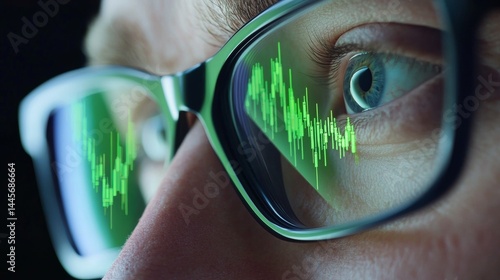 reflection of stock market charts in a man's glasses