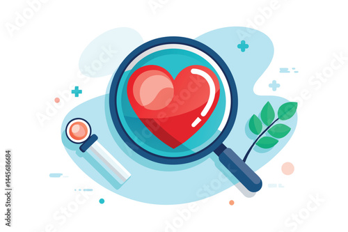 A red heart symbol is magnified through a glass, surrounded by abstract shapes and greenery, representing concepts of love, wellness, and care in a modern design.