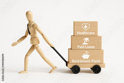 Employee benefits concept with wooden figure pulling cart of healthcare paid leave retirement plans, symbolizing workplace support