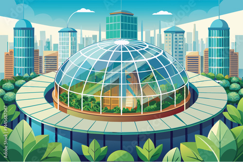 A futuristic greenhouse features a glass dome filled with vibrant plants, situated amidst towering skyscrapers under a clear blue sky, showcasing urban sustainability.