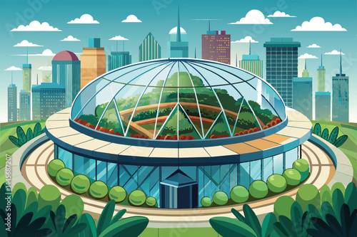 A contemporary greenhouse with a glass dome contains vibrant plants and greenery, situated in a bustling city surrounded by skyscrapers under a blue sky.