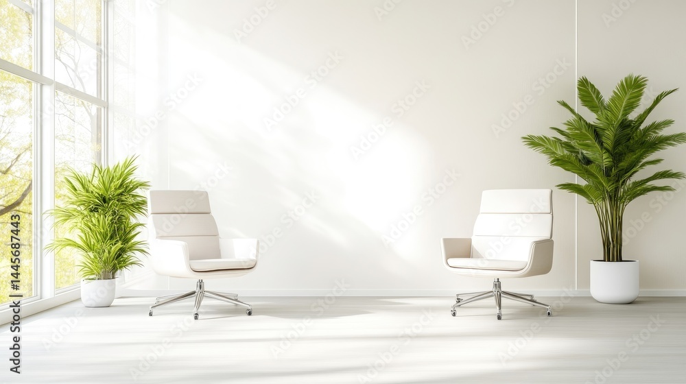 Modern, bright, minimalist room with comfortable chairs and plants Modern, bright, minimalist room with comfortable chairs and plants
