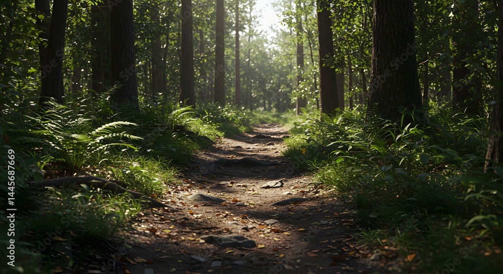 Fototapeta premium Forest Path Hiking Trail Through Green Trees in Sunlight