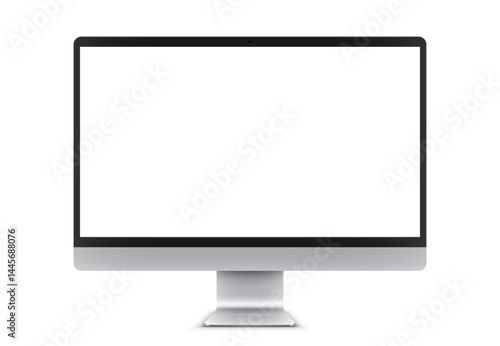Vector illustration of desktop pc or monitor with blank empty white screen. Realistic mockup or template isolated on white background