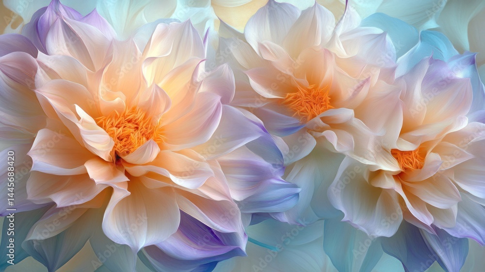 Three beautiful flowers in a variety of pastel colors are visible Three beautiful flowers in a variety of pastel colors are visible