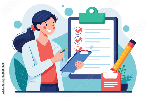 A woman in a lab coat smiles while holding a clipboard and pen, checking off items on a list in a well-organized office environment with green plants.