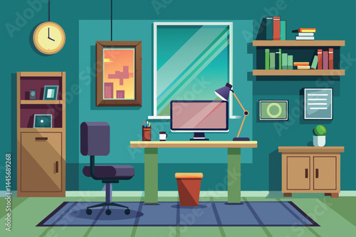The workspace features a computer on a desk, a chair nearby, colorful shelves filled with books, and a modern wall clock ticking away in a teal room.