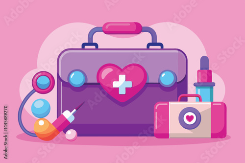 A vibrant medical kit is centered against a pink background, accompanied by syringes, a stethoscope, and other healthcare items, emphasizing health and wellness.