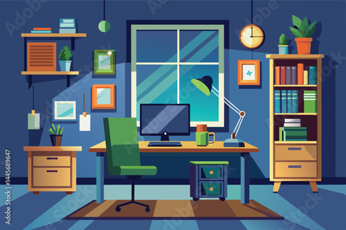 This comfortable workspace showcases a wooden desk with a computer, a welcoming green chair, and shelves filled with books and plants, illuminated by soft light.