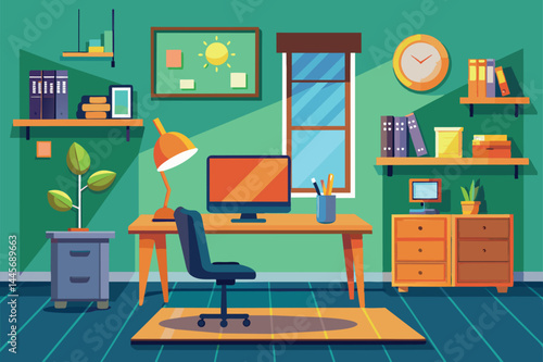 A welcoming home office features a desk with a computer, a cozy chair, shelves filled with books, a potted plant, and warm lighting, creating an inspiring work environment.