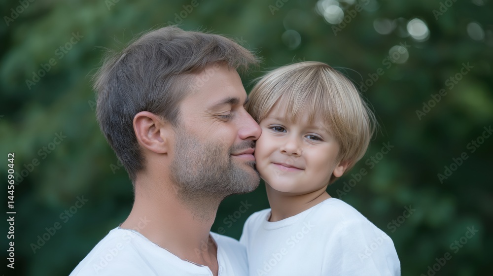 Father and son share a joyful moment outdoors during a sunny day in a park surrounded by greenery.