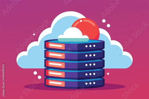 Colorful illustration features stacked servers beneath a cloud and sun, symbolizing cloud computing and modern data management in technology.