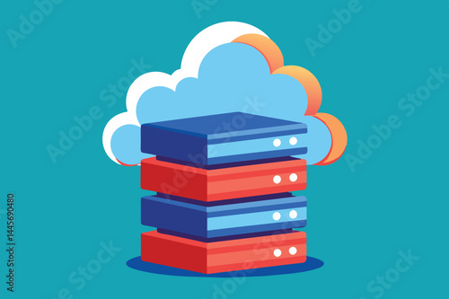 A vibrant illustration showcases stacked blue and red server units beneath an abstract cloud formation against a turquoise backdrop, highlighting cloud computing.