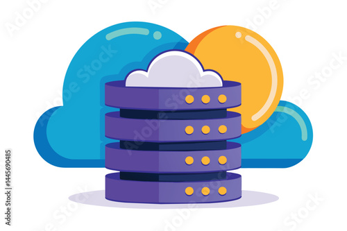 A vibrant illustration showcases a stack of data storage towers with a cloud above, symbolizing cloud computing and digital services in modern technology.