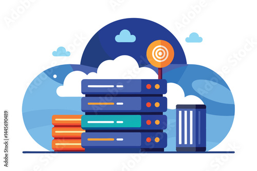 Illustration depicting data storage solutions with colorful servers, a target icon, and a cloud backdrop, symbolizing modern cloud computing concepts.