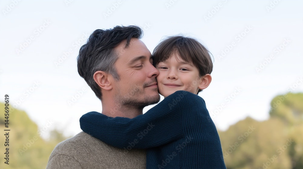 Father shares warm embrace with son in a park during a sunny day, showcasing their close bond and happiness.