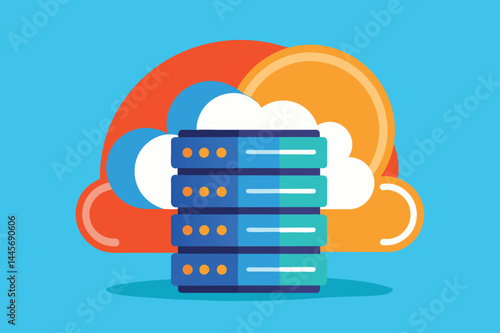 The artwork showcases a stylized depiction of stacked data servers surrounded by cloud shapes, illustrating the concept of cloud computing and data storage.