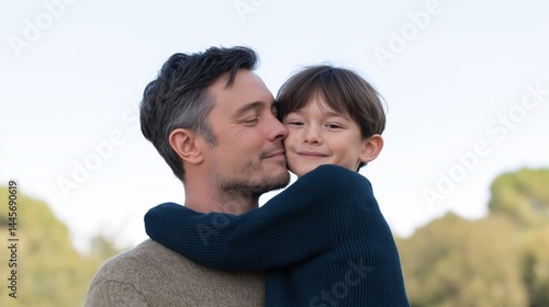 Obraz na płótnie Father shares warm embrace with son in a park during a sunny day, showcasing their close bond and happiness. w salonie
