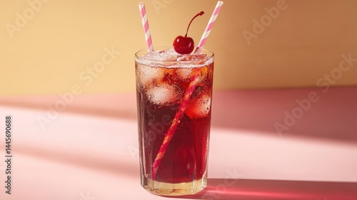 Wallpaper Mural Refreshing Cherry Soda with Striped Straw and Ice Cubes in Glass Torontodigital.ca