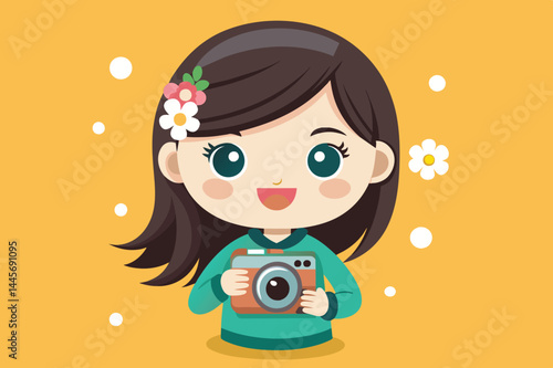 A joyful girl is holding a camera, smiling warmly while standing in front of a vibrant yellow backdrop adorned with flowers and dots, perfect for expressing creativity.