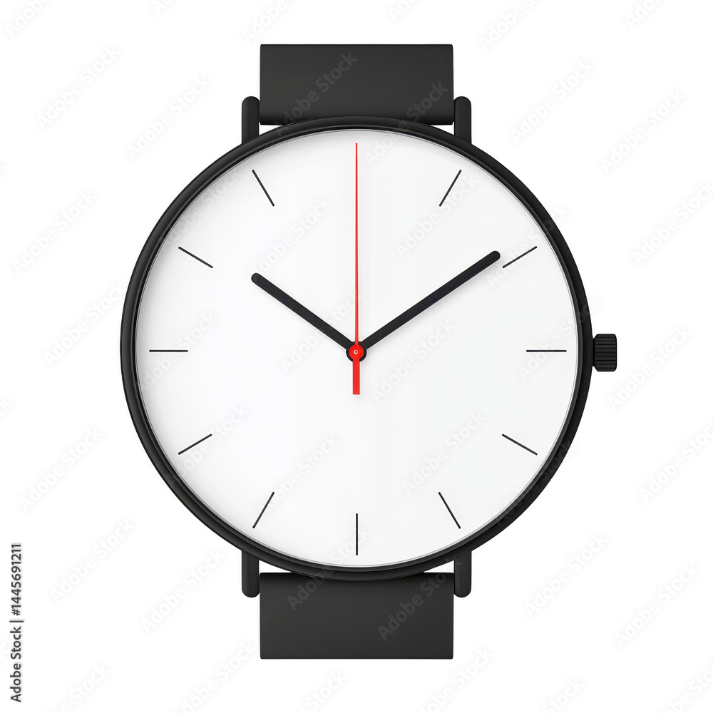 Minimalist black wristwatch with white face and simple hour markers, featuring red second hand, exudes elegance and modern style Minimalist black wristwatch with white face and simple hour markers, featuring red second hand, exudes elegance and modern style