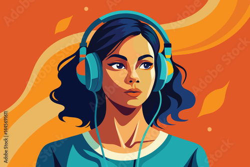 A young woman with curly hair listens to music through headphones, lost in her thoughts, as vibrant colors swirl in the background, enhancing her relaxed demeanor.