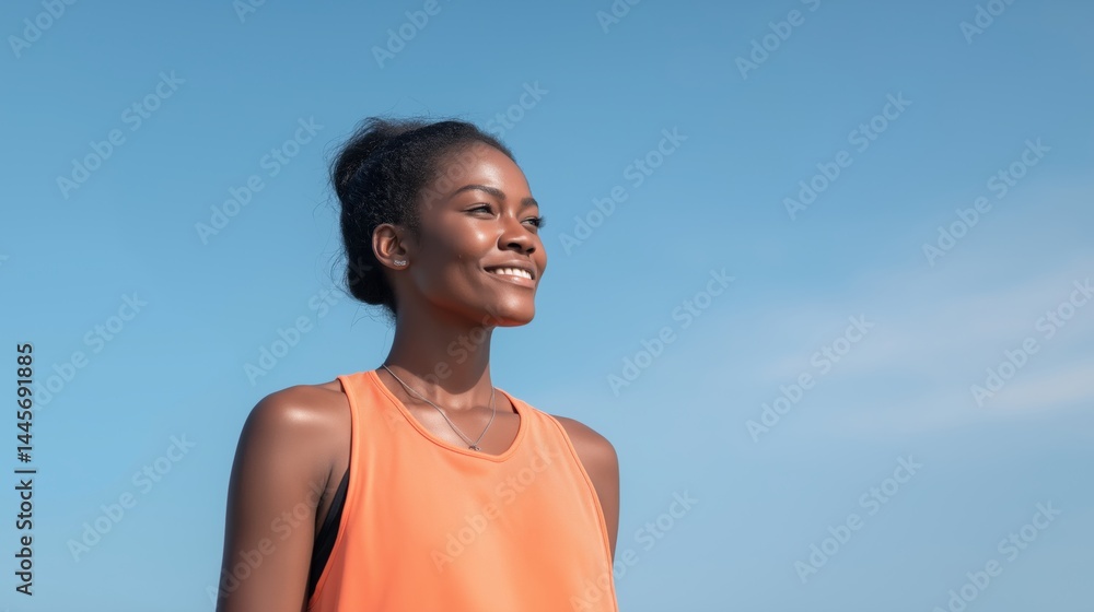 Smiling woman in athletic wear enjoys a sunny day outdoors, showcasing confidence and fitness while looking towards the horizon.