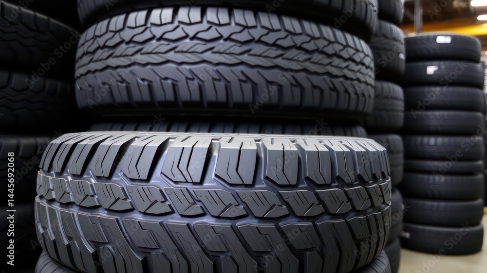 Fototapeta premium A Stack of New Vehicle Tires Ready for Installation