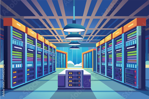 A well-organized data center features rows of illuminated server racks and vibrant technology elements, showcasing a sleek and modern design in the evening.